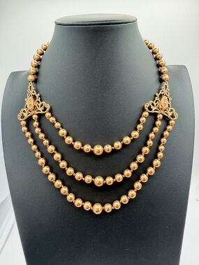 Vintage MONET 1960s Triple Row Pearl Necklace with Hand Carved Roses